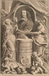 Zwei weibliche Gestalten, Religion und Weisheit, halten das Brustbild Ferdinands von Fürstenberg, während zu ihren Füßen ihre Genien Häresie und Unwissenheit zu Boden treten.